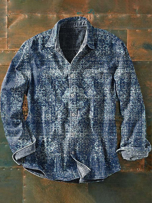 Chemise à manches longues rétro imprimée ethnique pour hommes comme image / S