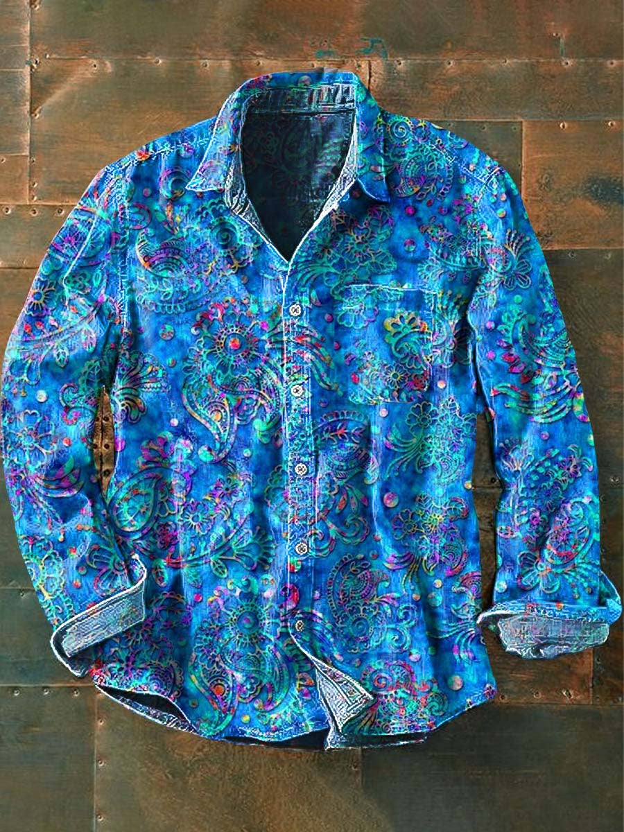 Chemise à manches longues rétro à imprimé floral pour hommes Bleu clair / S
