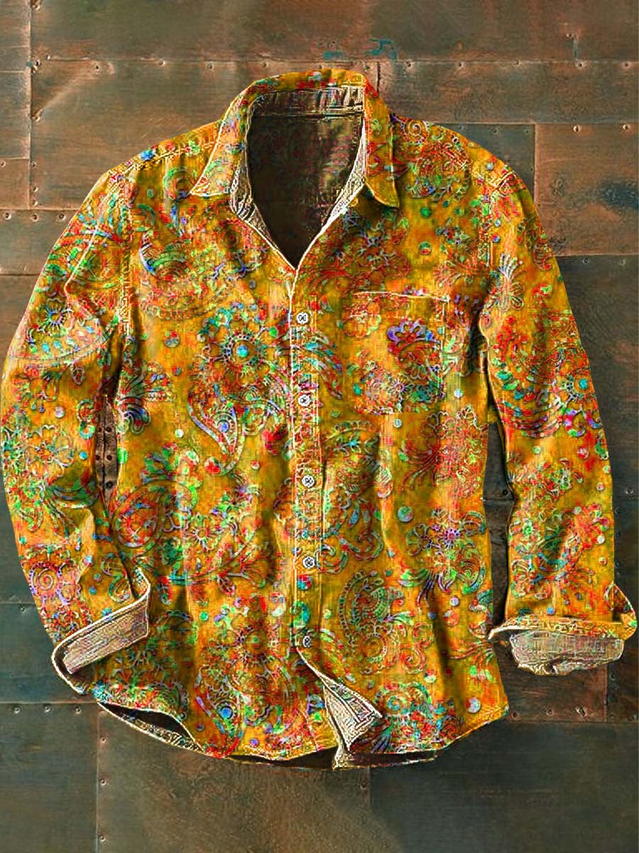 Chemise à manches longues rétro à imprimé floral pour hommes Orange / S