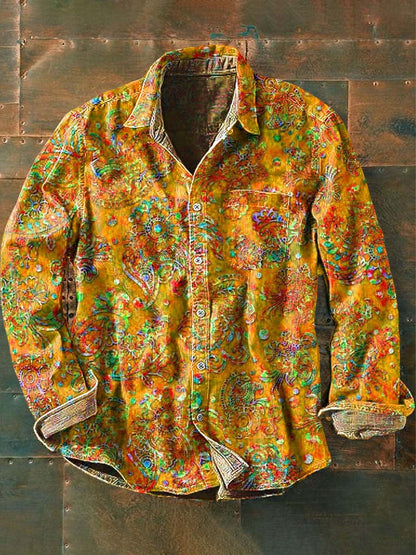 Chemise à manches longues rétro à imprimé floral pour hommes Orange / S
