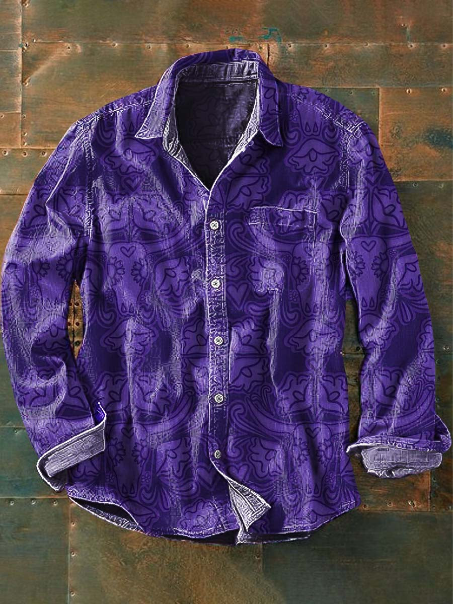 Chemise à manches longues à revers décontractée à imprimé vache Western pour hommes Violet / S