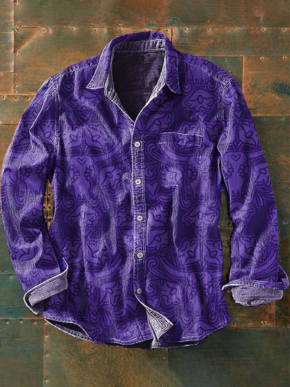 Chemise à manches longues à revers décontractée à imprimé vache Western pour hommes Violet / S