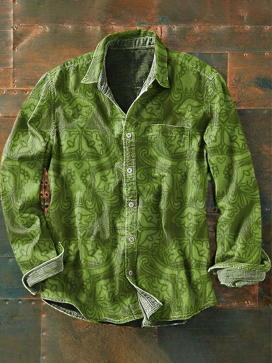 Chemise à manches longues à revers décontractée à imprimé vache Western pour hommes Vert / S