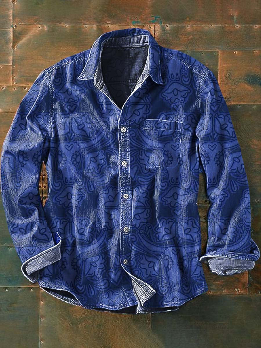 Chemise à manches longues à revers décontractée à imprimé vache Western pour hommes Bleu / S