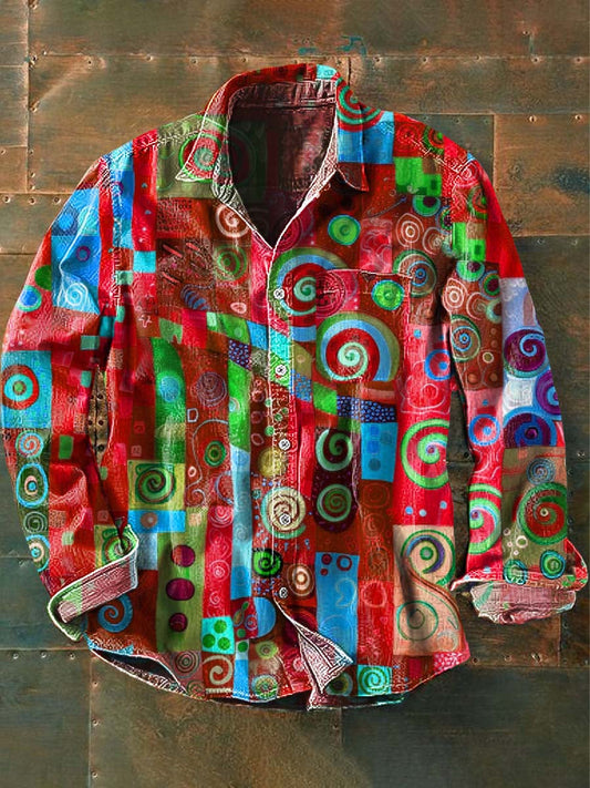 Chemise à manches longues à revers décontractée imprimée à motif abstrait irrégulier pour hommes Rouge / S