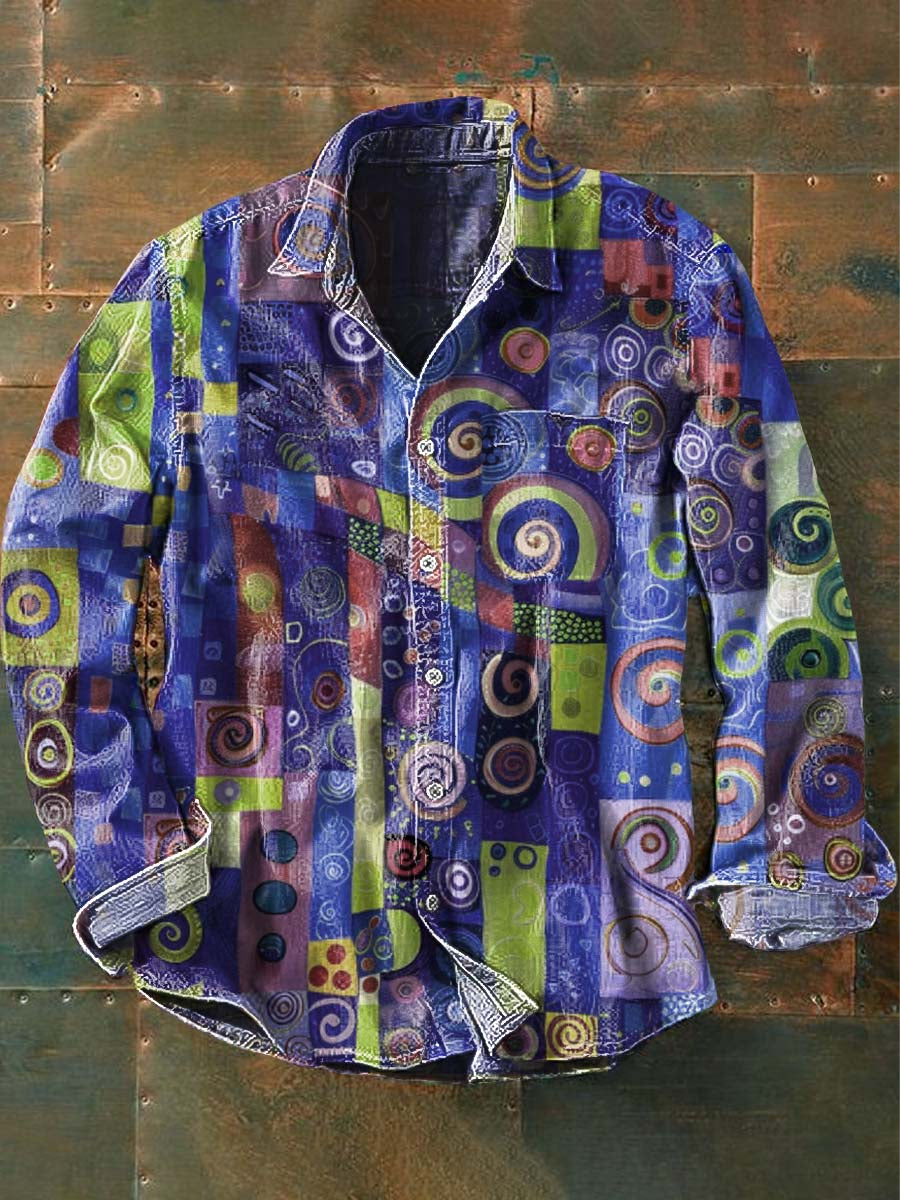 Chemise à manches longues à revers décontractée imprimée à motif abstrait irrégulier pour hommes Violet / S