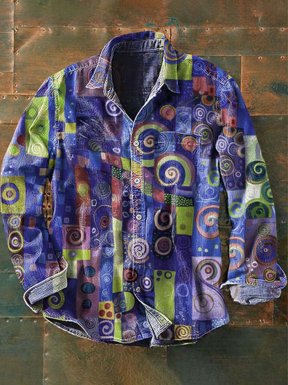 Chemise à manches longues à revers décontractée imprimée à motif abstrait irrégulier pour hommes Violet / S