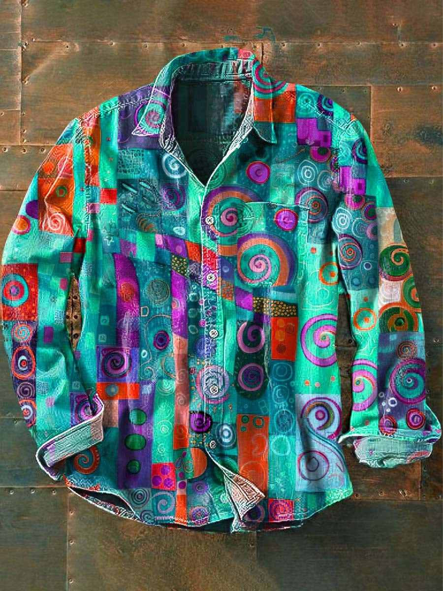 Chemise à manches longues à revers décontractée imprimée à motif abstrait irrégulier pour hommes Vert / S