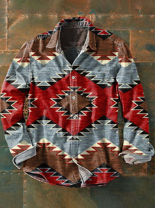 Chemise à manches longues à revers décontractée à imprimé western vintage pour hommes comme image / S