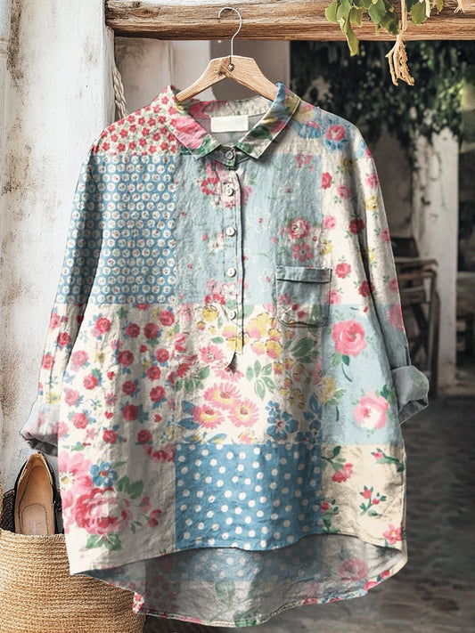 Vintage Art Print décontracté en coton et lin col rond bouton poche mi-longueur chemise à manches Tops A / S