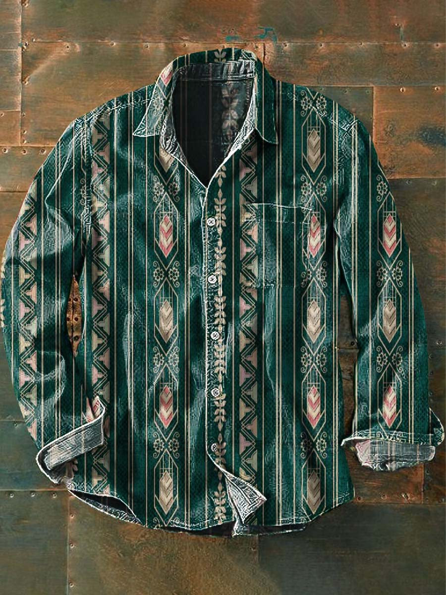 Chemise à manches longues Western Print Casual Lapel pour hommes comme image / S