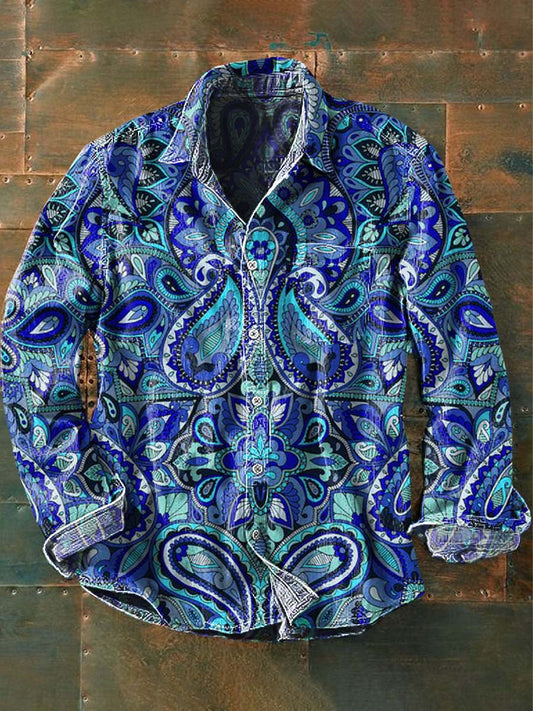 Chemise à manches longues à revers décontractée imprimée à motif de fleur de cajou vintage pour hommes comme image / S