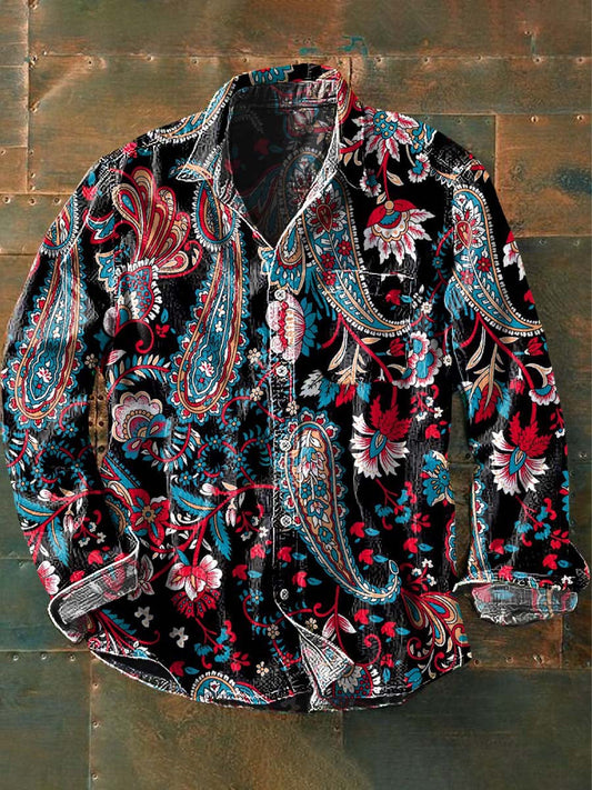 Chemise à manches longues à revers décontractée imprimée à motif de fleur de cajou vintage pour hommes comme image / S
