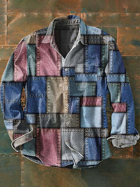 Chemise à manches longues à revers décontracté imprimé en denim vintage pour hommes comme image / S