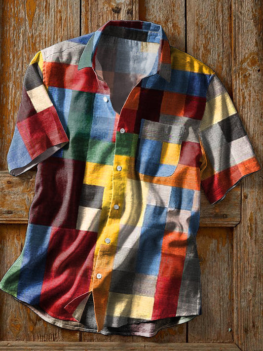 Chemise de poche à manches courtes Vintage Plaid coloré Art Print des hommes coloré / S