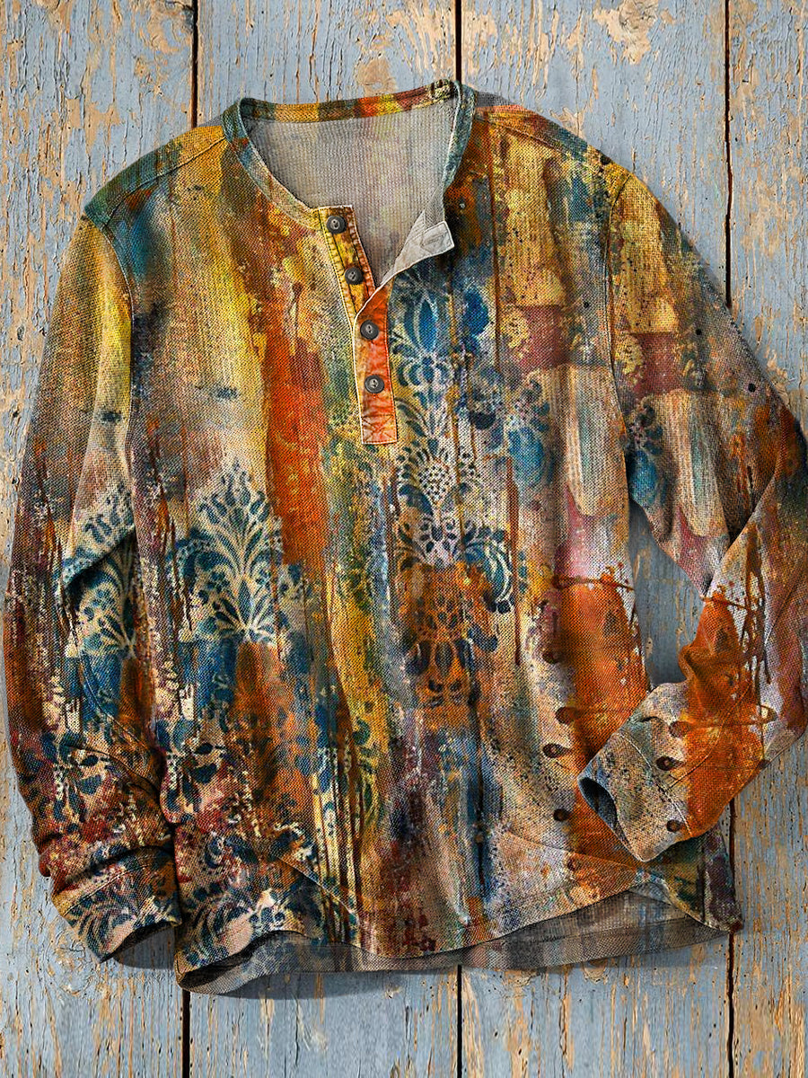 Unisexe Simple Rétro Western Coloré Impression D’art À Manches Longues Mode Henley Chemise A / S