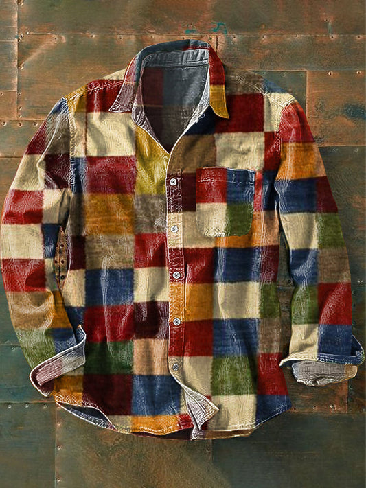 Vintage Color Block Patchwork Art Print Chemise à manches longues pour hommes coloré / S