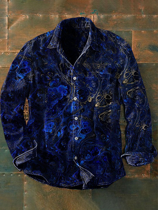 Unisexe Hommes Vintage Lapis Lazuli Or Texturé Abstraction Imprimer Casual Chemise À Manches Longues Bleu Marine / S