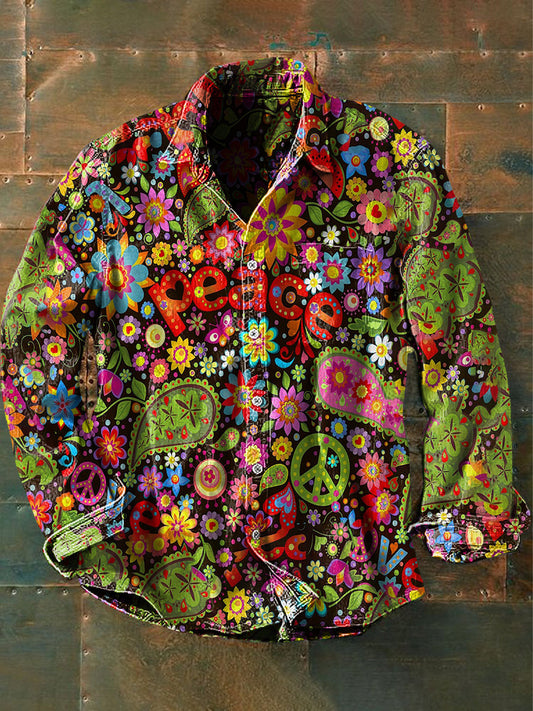 Chemise décontractée à manches longues imprimée paix colorée Hippie psychédélique vintage pour hommes comme image / S