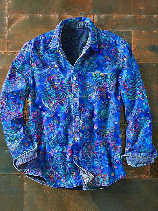 Chemise décontractée à manches longues à imprimé western vintage pour hommes comme image / S