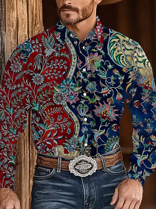 Vintage Western Ethnic Colorful Flowers Print Chemise à manches longues pour hommes comme image / S