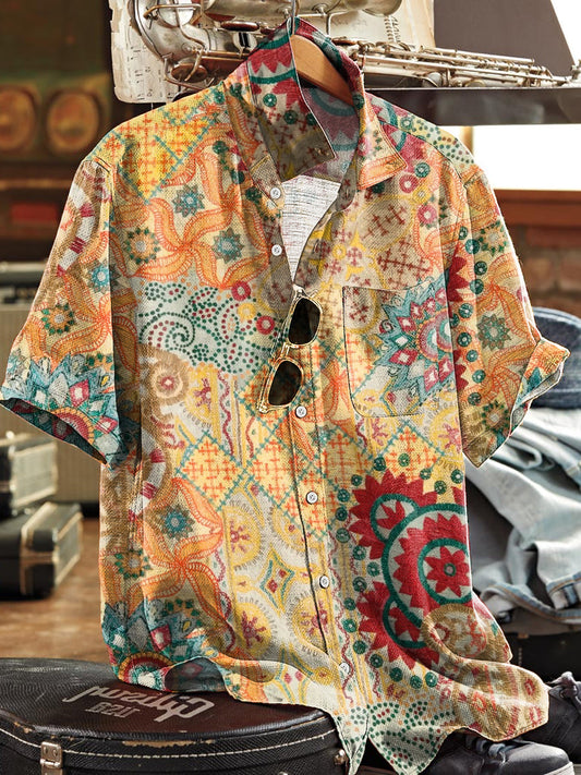 Chemise Henley à manches courtes Vintage Multicolor Geometric Homme coloré / S
