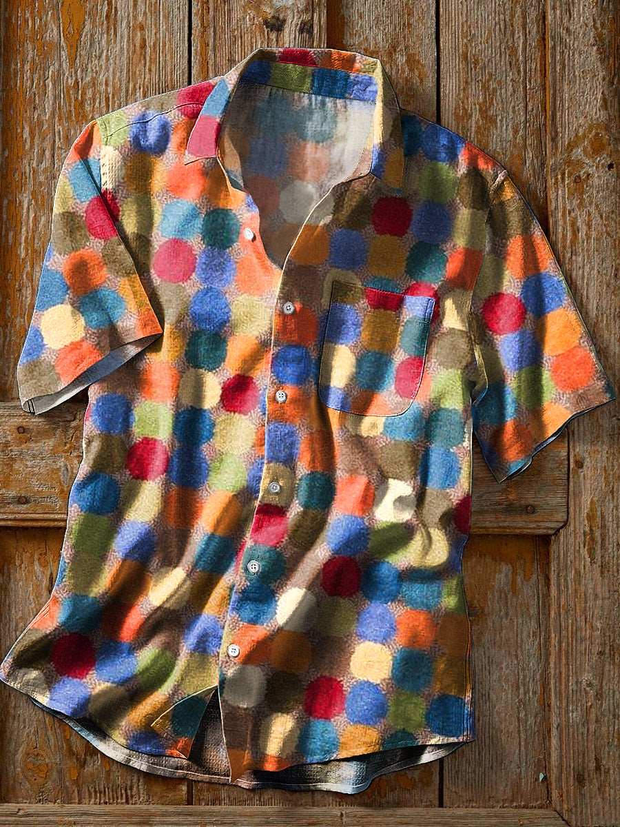 Vintage Rainbow Color Polka Dot imprimé revers manches courtes Pocket Shirt hommes coloré / S