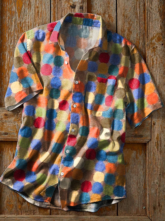 Vintage Rainbow Color Polka Dot imprimé revers manches courtes Pocket Shirt hommes coloré / S