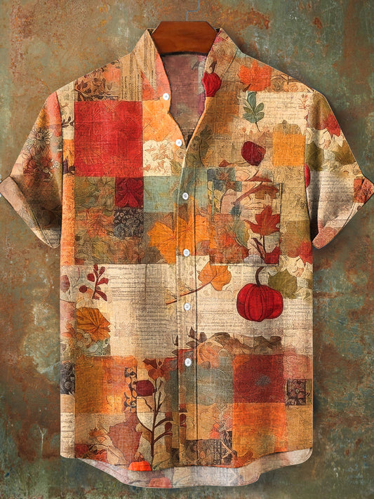 Vintage Aged Plaid peint col montant manches courtes Pocket Shirt des hommes coloré / S
