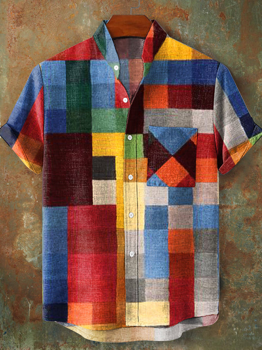 Vintage Rainbow Color Plaid Pattern col montant chemise à manches courtes pour hommes coloré / S