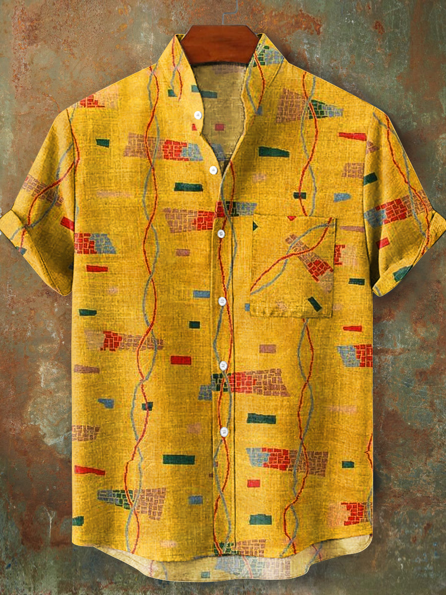 Chemise à manches courtes vintage à col montant pour homme coloré / S
