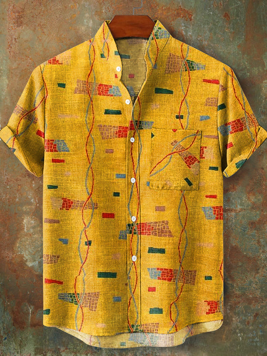Chemise à manches courtes vintage à col montant pour homme coloré / S