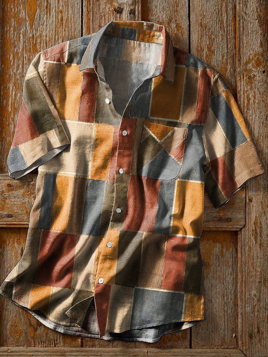 Chemise à manches courtes rétro imprimée géométrique multicolore pour hommes coloré / S