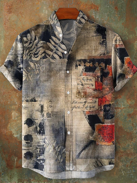 Vintage Patchwork Art Print col montant à manches courtes Pocket Shirt hommes coloré / S