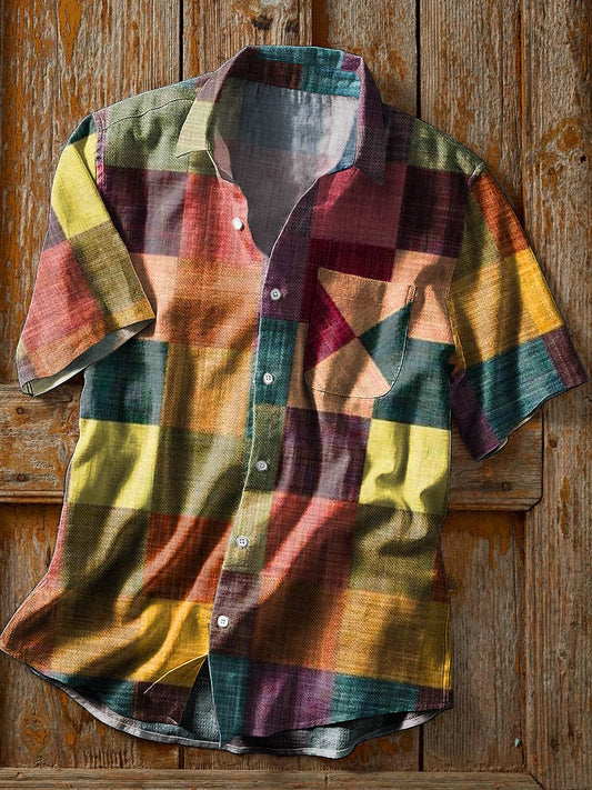 Chemise de poche à manches courtes à revers imprimé damier coloré vintage pour hommes coloré / S