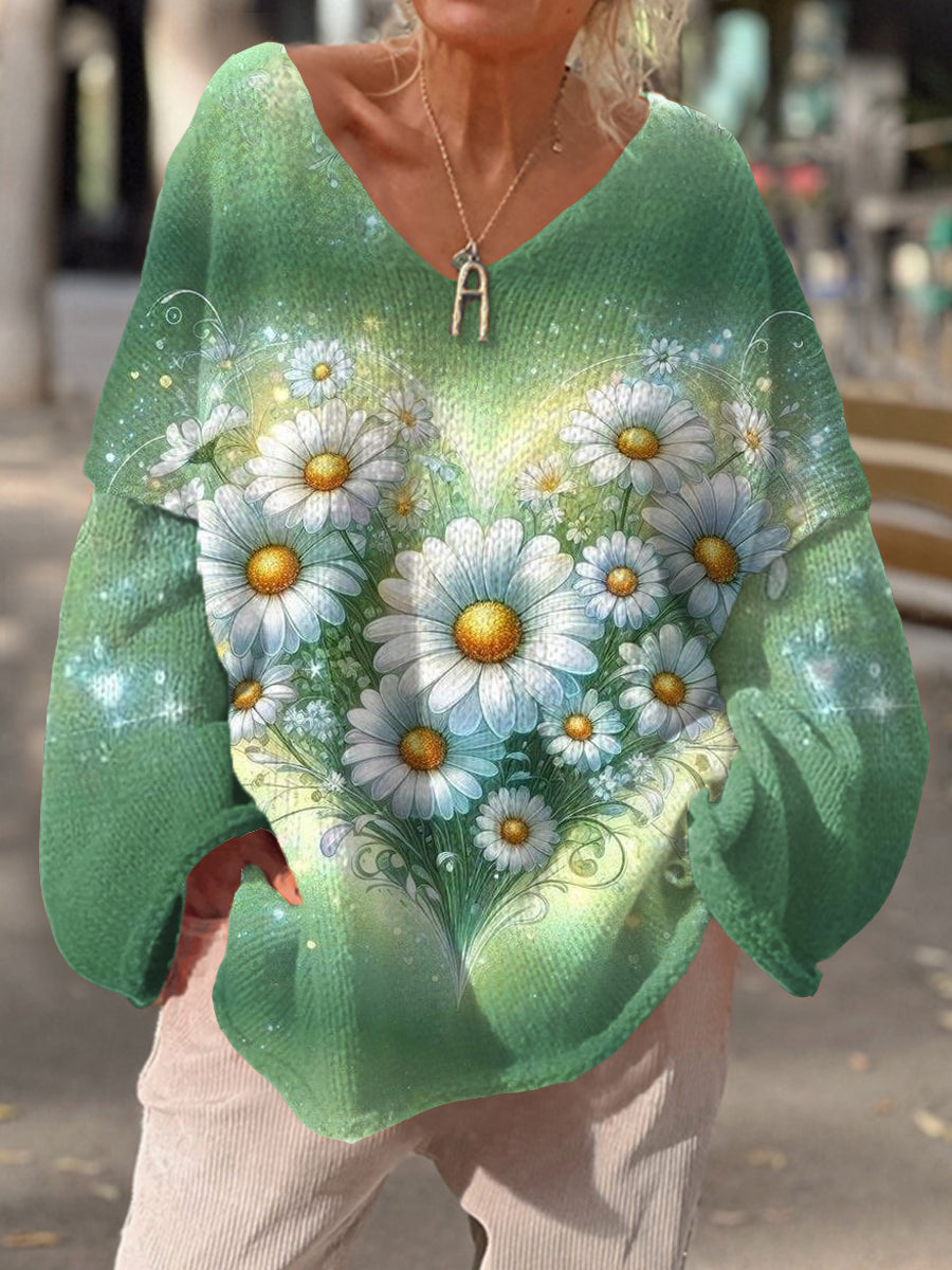Vintage Art Print Chic V Neck Pull décontracté Pull Femme A / S