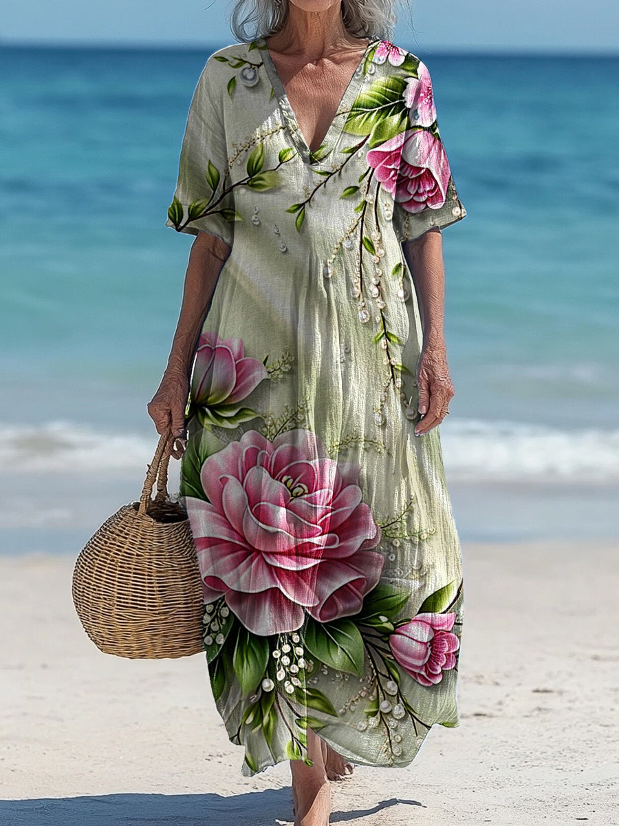Vintage col en V Floral Art Print élégant et chic robe midi lâche A / S