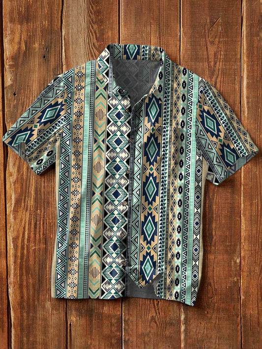 Chemise à manches courtes à revers décontracté imprimé style western vintage pour hommes comme image / S