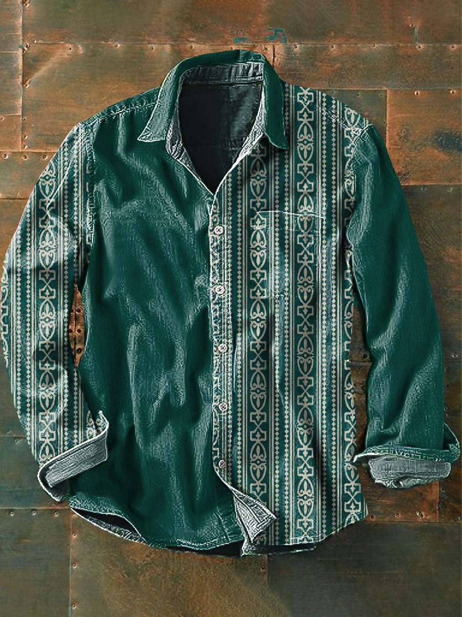Chemise à manches longues à revers décontractée imprimée style patchwork vintage pour hommes comme image / S