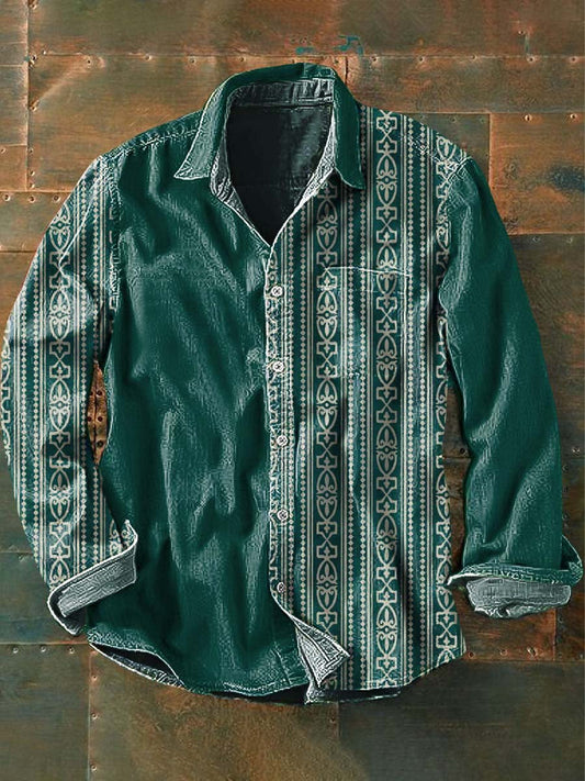 Chemise à manches longues à revers décontractée imprimée style patchwork vintage pour hommes comme image / S
