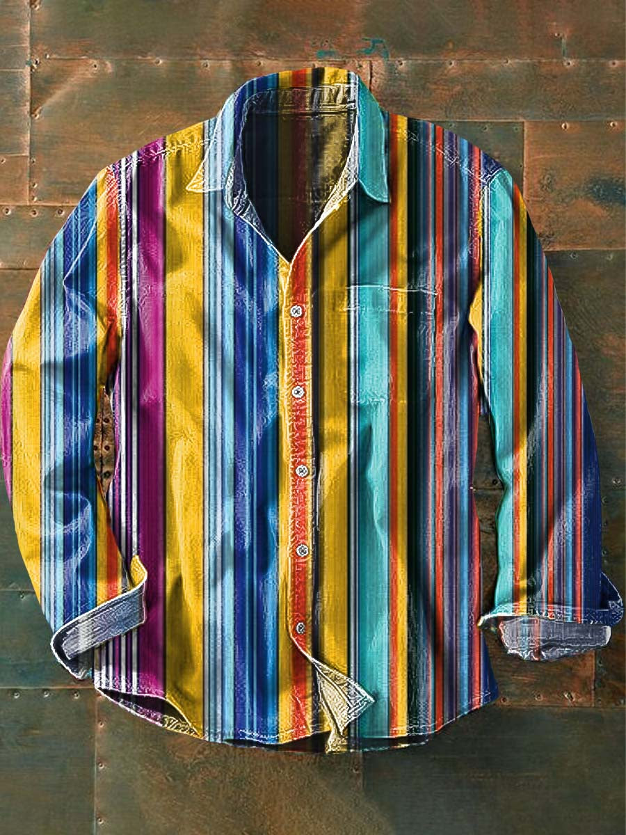 Chemise à manches longues à revers décontractée à rayures style western vintage pour hommes comme image / S