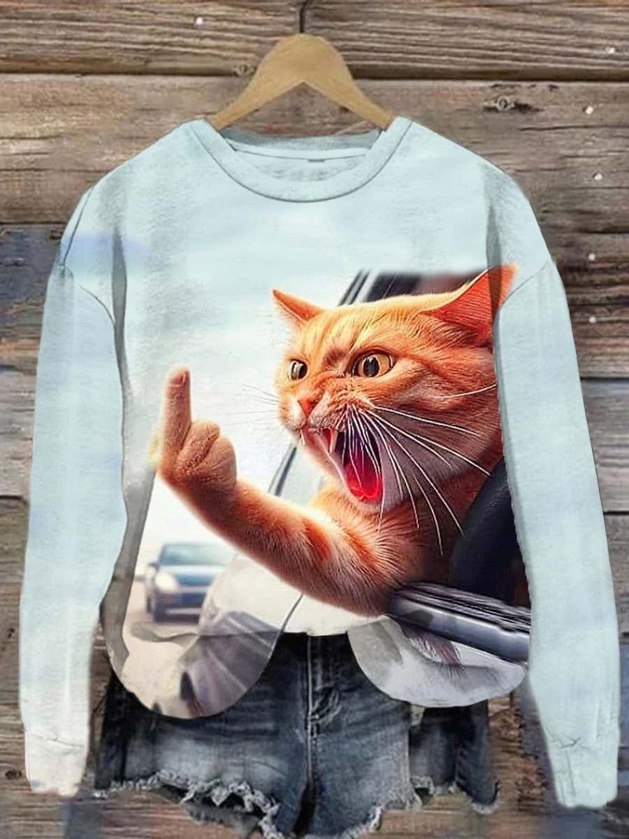 Funny Angry Cat Art Print Casaul Sweat-shirt à manches longues Bleu / S