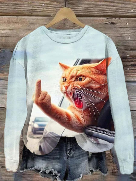 Funny Angry Cat Art Print Casaul Sweat-shirt à manches longues Bleu / S