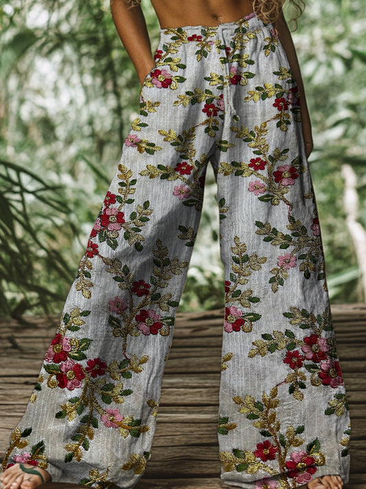 Pantalon large droit en coton décontracté imprimé floral rétro Boho A / S