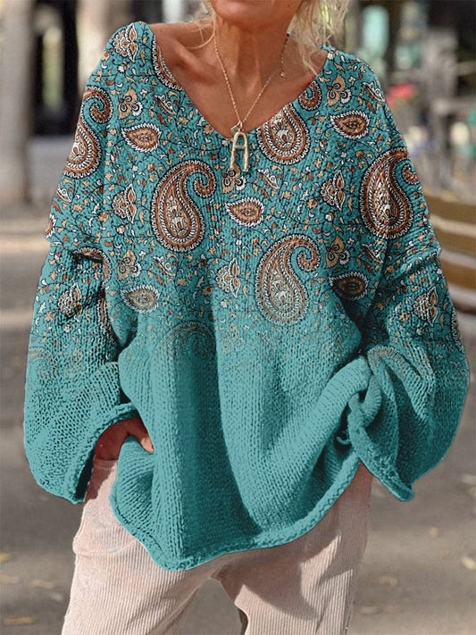 Rétro Floral Art Print Vintage Loose Chic V-cou à manches longues en tricot épais Pull A / S