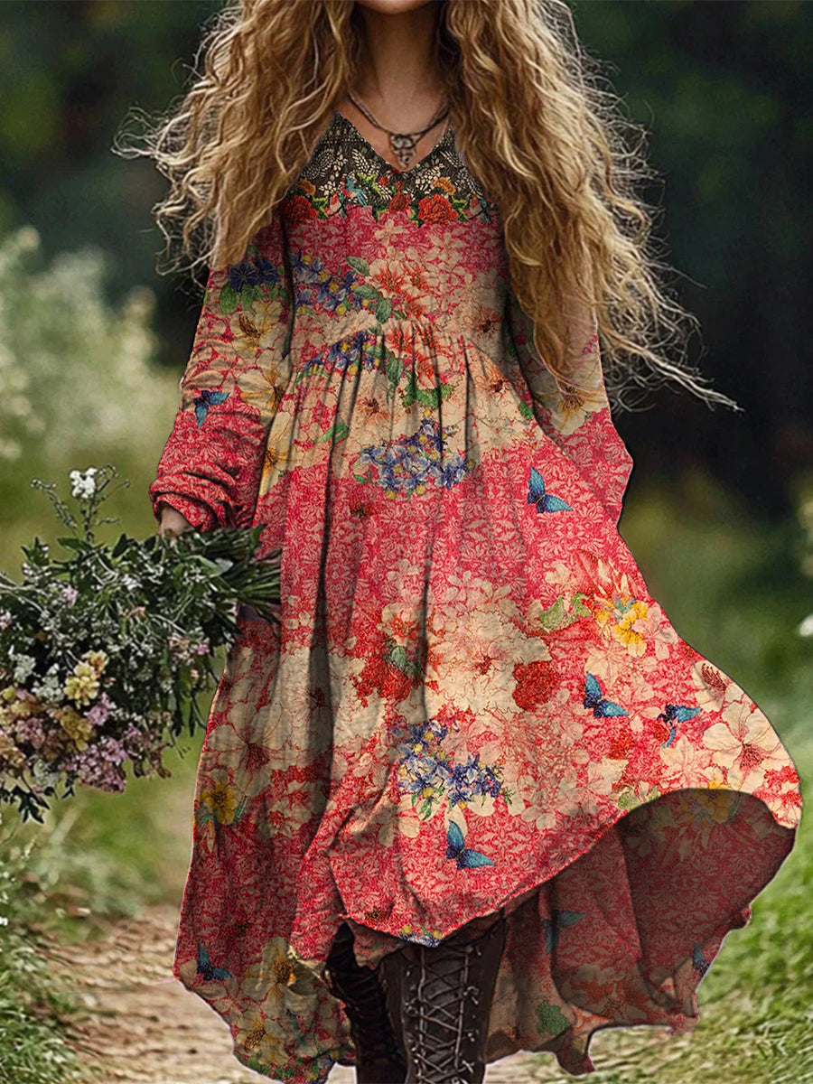 Retro Boho Floral Botanique Imprimer Vintage Chic col en V coton manches longues robe Midi A / S
