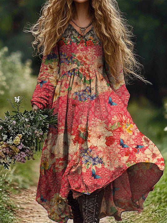 Retro Boho Floral Botanique Imprimer Vintage Chic col en V coton manches longues robe Midi A / S