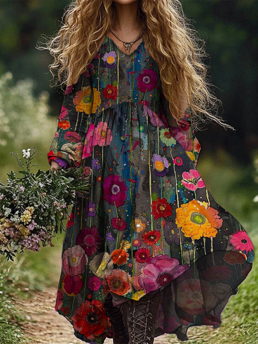 Retro Boho Floral Botanique Imprimer Vintage Chic col en V coton manches longues robe Midi A / S