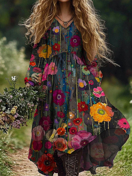 Retro Boho Floral Botanique Imprimer Vintage Chic col en V coton manches longues robe Midi A / S