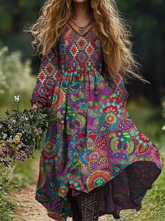 Retro Boho Floral Botanique Imprimer Vintage Chic col en V coton manches longues robe Midi A / S